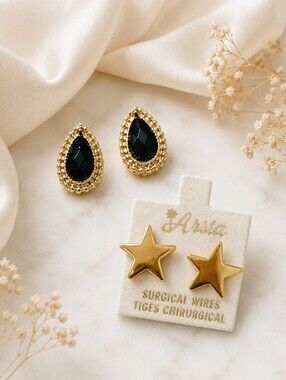 Gold Star Stud Earrings and Black Teardrop Crystal Earrings